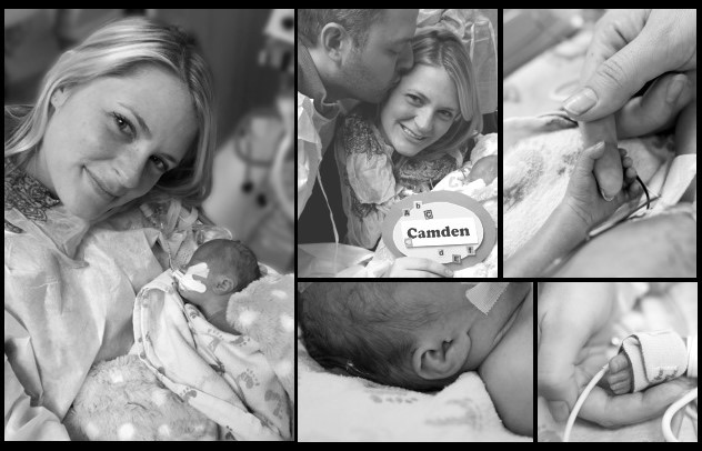 Black-and-white photos of Camden with his mom and dad in the NICU